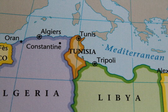 close up of the country of Tunisia viewed on a wold map as a travel concept. Tunisia on a map
