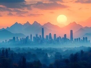 Urban Skyline at Sunset with Majestic Mountains