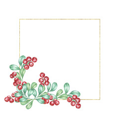 A square frame with a gold outline, decorated with a cluster of red cranberries and green leaves in the bottom left corner. Watercolor clipart frame suitable for logos, stationery, or product labeling