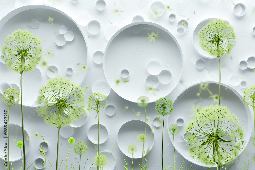 Poster 3d mural wallpaper abstract with white circles and green flowers . silhouettes of dandelions pattern