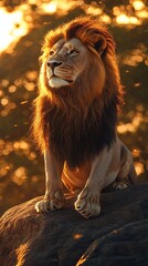 Obraz premium Majestic Lion at Sunset on African Savanna - Realistic Wildlife Portrait with Flowing Mane and Long Shadows