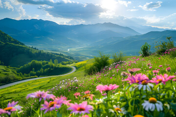 Green Landscape and flower with road and mountains view.