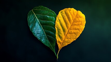 Dichotomy of Love: Heart-shaped Leaf in Green and Yellow Contrast on Dark Background