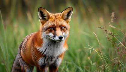 Majestic Red Fox Observing Its Field of Grass Environment