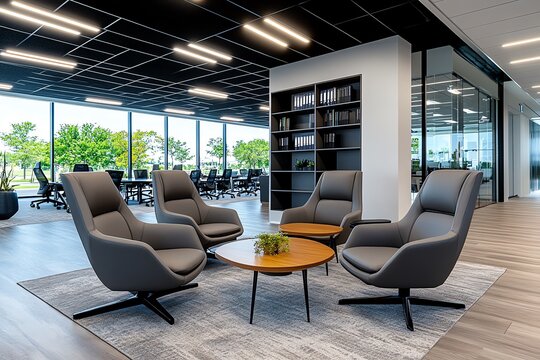 A modern office lounge area, with comfortable chairs, coffee tables, and bookshelves, creating a relaxed atmosphere