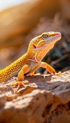 Obraz premium Vibrant Leopard Gecko Basking on Sunlit Rock in Desert Habitat - Perfect for Nature Photography Portfolios