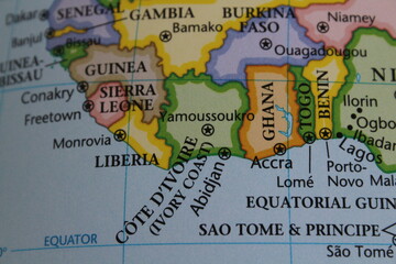 close up of the country of Togo, Benin, Ghana and Nigeria and Burkina Faso viewed on a wold map as...