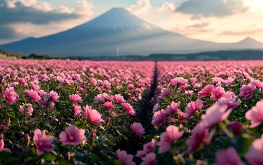 A field of pink flowers with a mountain in the background. The flowers are in bloom and the sky is blue with white clouds.