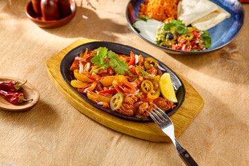 Delicious Chicken Fajitas with Fresh Vegetables on Sizzling Plate
