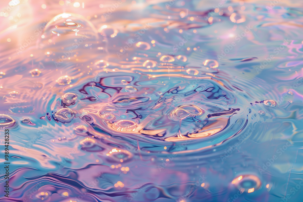 Poster background of soft splashes of water and changing colors creates feeling of tenderness and harmony. 