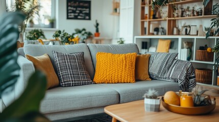 Cozy living room with a gray sofa adorned with colorful cushions and a natural ambiance in a bright, modern interior