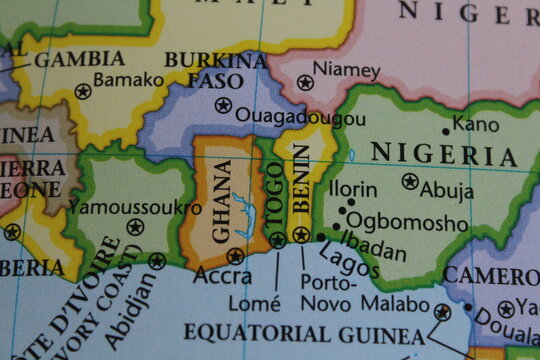 close up of the country of Togo, Benin, Ghana and Nigeria and Burkina Faso viewed on a wold map as a travel concept. Ghana on a map

