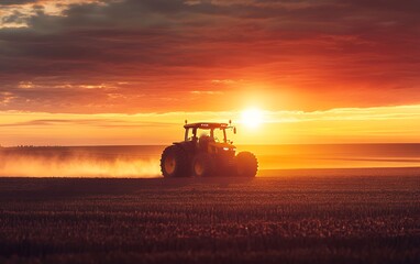 Fototapeta premium A tractor drives through a field at sunset, creating a trail of dust.