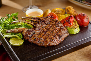 Grilled Lamb Chops with Assorted Grilled Vegetables on Rustic Plate