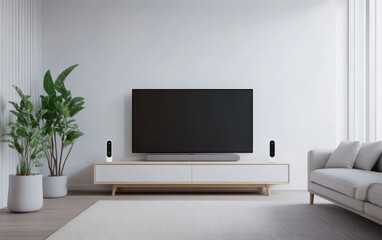 Fototapeta premium A high-tech living room with a large smart TV and voice-controlled lighting, designed for ultimate convenience