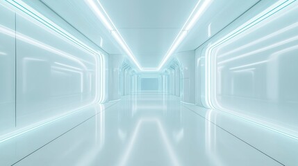 Obraz premium A sleek, futuristic corridor bathed in white neon lights, featuring a clean, minimalist design.