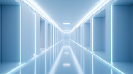 A sleek, futuristic corridor bathed in white neon lights, featuring a clean, minimalist design.