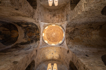 Mystras, Laconia, Greece - April 4th 2024: Interior of a church in on the site of the 13th century...