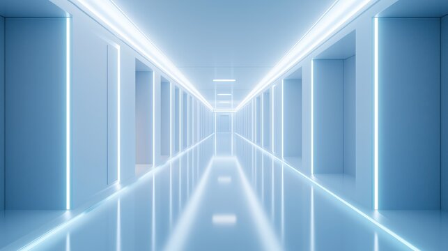 A sleek, futuristic corridor bathed in white neon lights, featuring a clean, minimalist design.