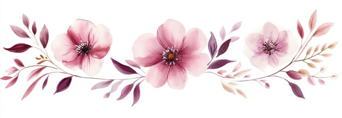 set of three watercolor flower illustrations, in pink and purple tones