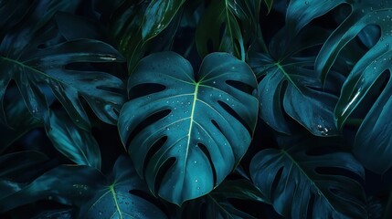 Closeup of lush, dark tropical leaves covered in water droplets.