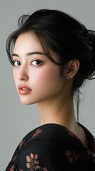 肖像画とデザインのための伝統的な春のファッションを着た優雅な日本人女性