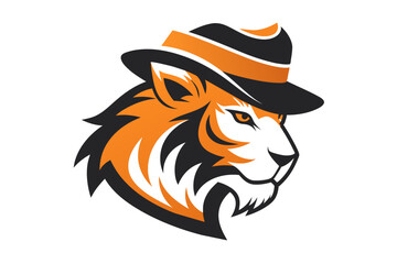 A Tiger head logo with hat silhouette, simple vector outline, on a white background  vector art illustration