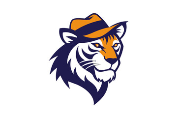 A Tiger head logo with hat silhouette, simple vector outline, on a white background  vector art illustration