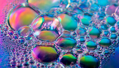 Shimmering soap bubbles on vibrant background. Glowing shades and fluid patterns. Close-up.