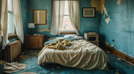 Apartment bedroom, men's clothes on floor, slightly messy room, ground-level apartment, double size bed.