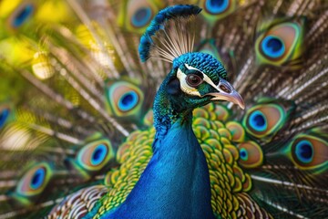 Obraz premium Close-Up Portrait of Peacock with Intricate Colorful Feather Display in Lush Garden Setting