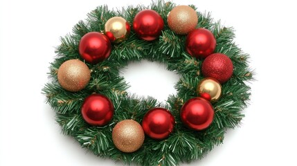 Festive Christmas wreath adorned with red and gold ornaments, perfect for holiday decorations and seasonal greetings against a white background
