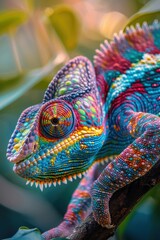Obraz premium Close Up of Colorful Chameleon on Branch in Tropical Rainforest - Vibrant Nature Photography