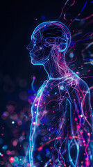 A translucent human figure showcases vibrant energy lines coursing through the body, symbolizing the vitamins that boost internal processes. 