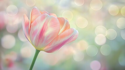 Obraz premium Image of a pastel pink tulip in bloom, with a dreamy soft-focus bokeh background in gentle light tones.