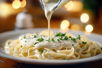 Fettuccine pasta served with creamy alfredo sauce and parsley garnish