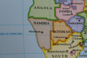 close up of the country of Namibia viewed on a wold map as a travel concept. Namibia on a map
