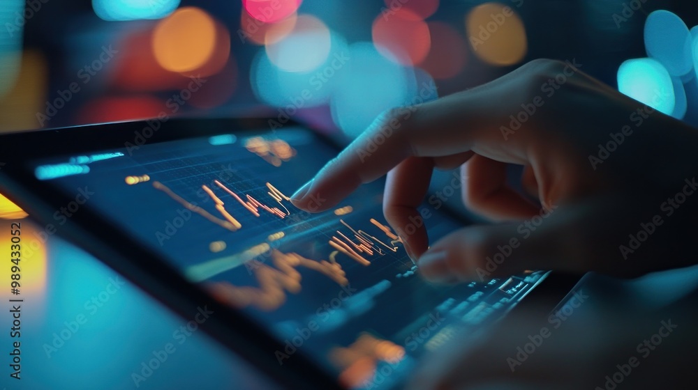 Poster a hand is using a finger to scroll through a stock market chart on a tablet.