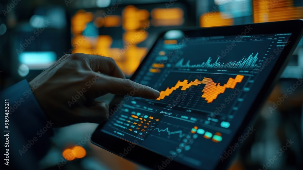 Aufkleber a hand points at a financial chart displayed on a tablet in a dimly lit office setting.