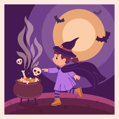 Little witch brewing a magic potion in a cauldron on a spooky night. Halloween square card. Flat vector illustration