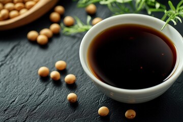 Soy sauce in a white bowl with soybeans scattered on a dark surface