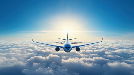 Obraz premium Airplane flying above the clouds during sunrise, blue sky backdrop.