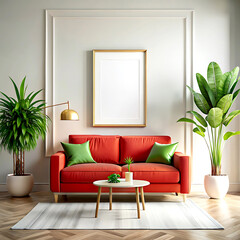 Home interior with red sofa, table and decor in green living room, 3d render, white Mock up frame