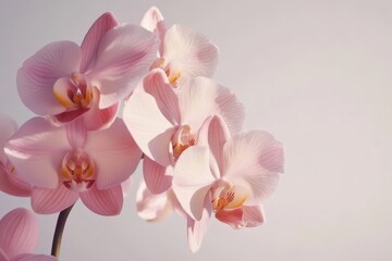 The picture showcases a group of soft pink doritaenopsis orchids against a bright and uncluttered background
