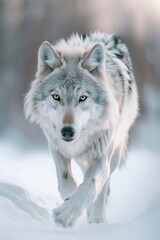 Obraz premium Majestic Wolf Prowling Through Snowy Forest During Wintertime