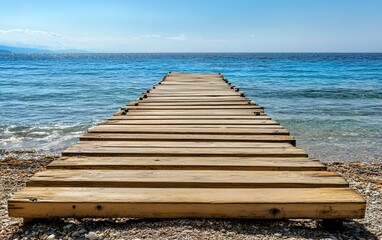 A wooden pier stretches out into the crystal-clear blue water, inviting you to take a relaxing stroll and soak in the sun.