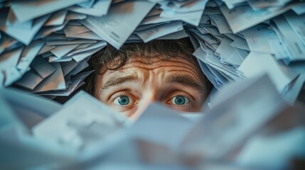a person staring at an overflowing inbox or a stack of unanswered emails, showcasing aggravation from high workload