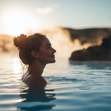 A woman is gracefully swimming in a beautiful pool of water at sunset