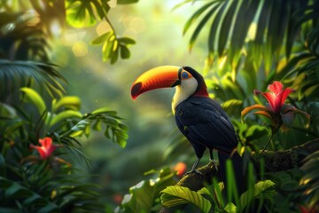 Obraz premium Vibrant Toucan Perched in Lush Tropical Rainforest with Greenery and Exotic Flowers - Nature Photography