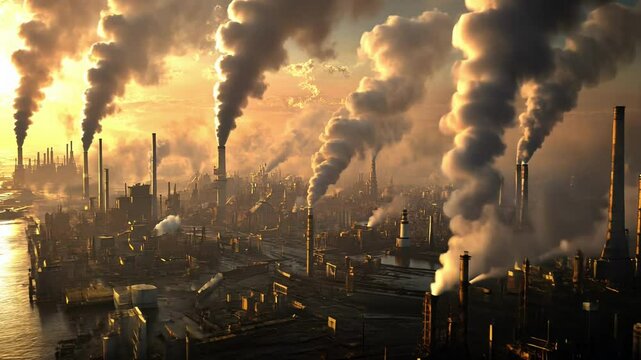 The sun sets dramatically behind a sprawling industrial area, with smoke billowing from factories. Ships navigate the river, highlighting the contrast of nature and industry.